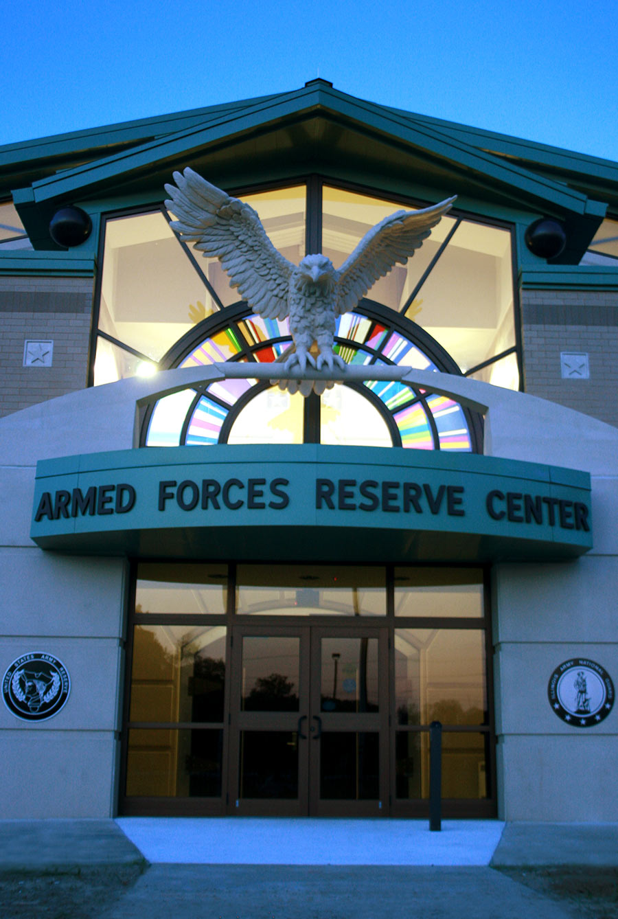 View of Main Entrance of The Armed Forces Reserve Center at Night in Mount Vernon, Illinois